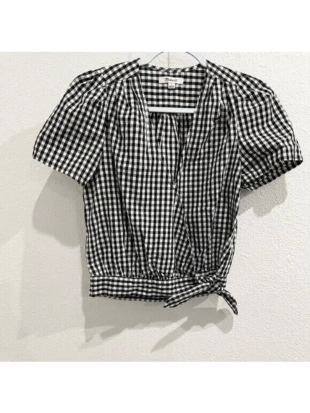 Madewell Gingham Wrap Top Mod Cottagecore Feminine Puff Sleeves